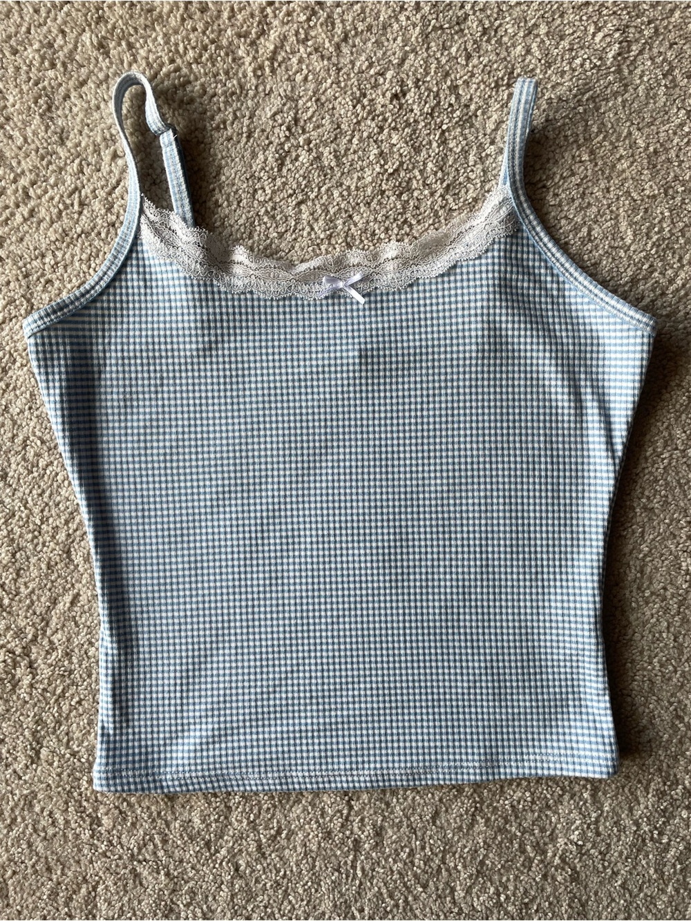 Cottagecore Lace-Trim Gingham Camisole Tank Top Light Blue White Bow Coquette